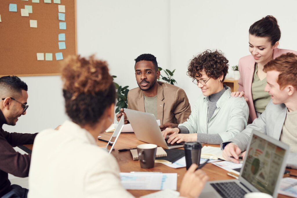 Diverse business professionals engaged in strategic planning in an office environment